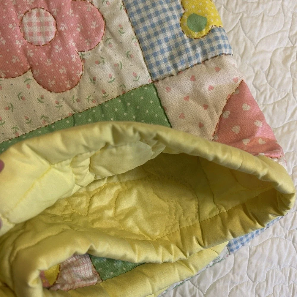 VTG Baby Blanket Pastel Animals Toys Flower Hand Stitched Quilted 80s Nursery